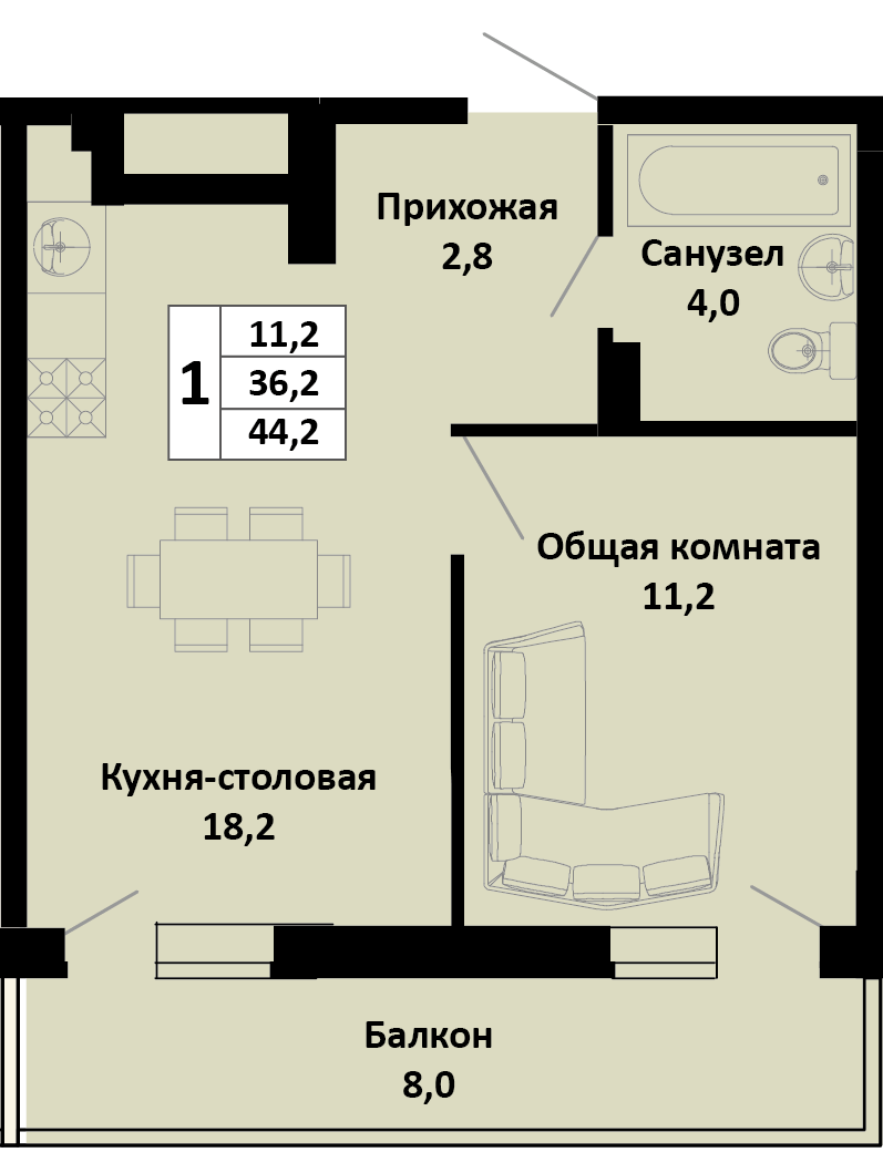 Планировка 1-комн. в ЖК «Южные соседи»