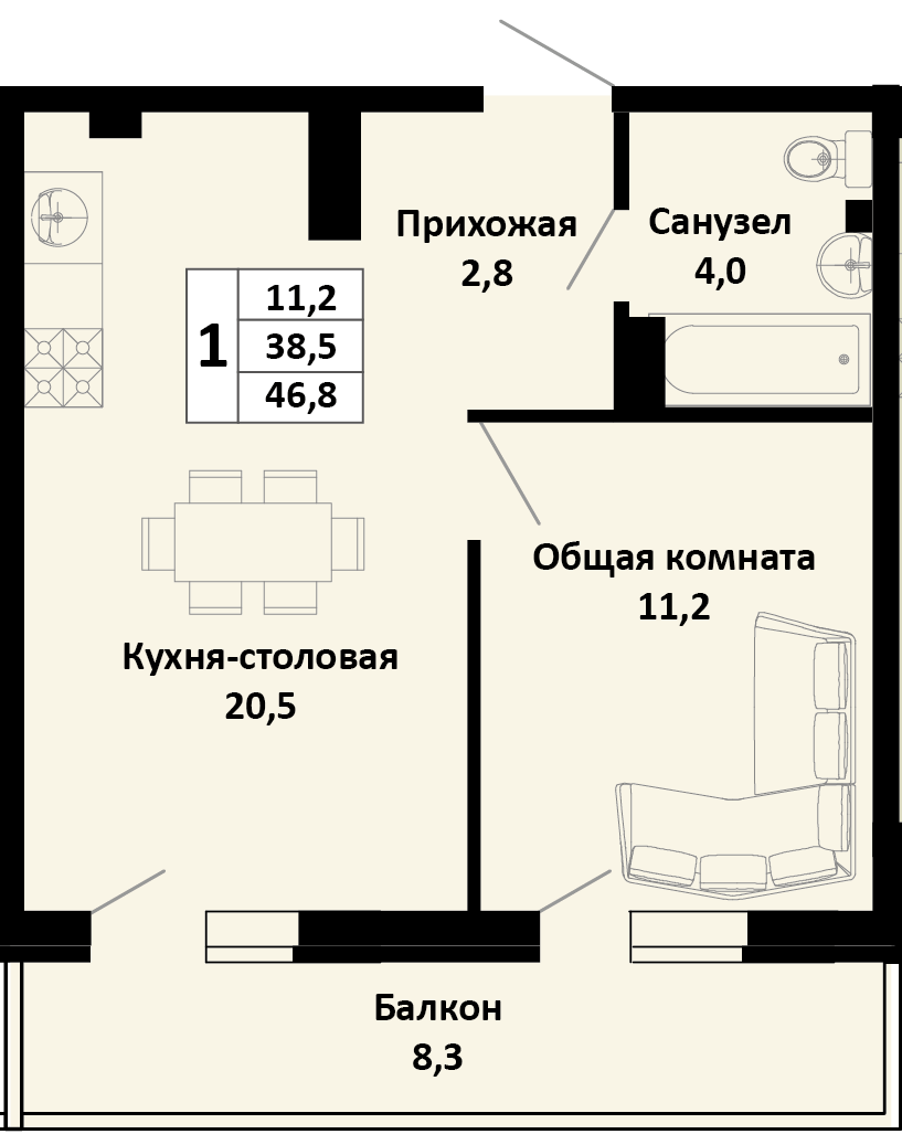 Планировка 1-комн. в ЖК «Южные соседи»