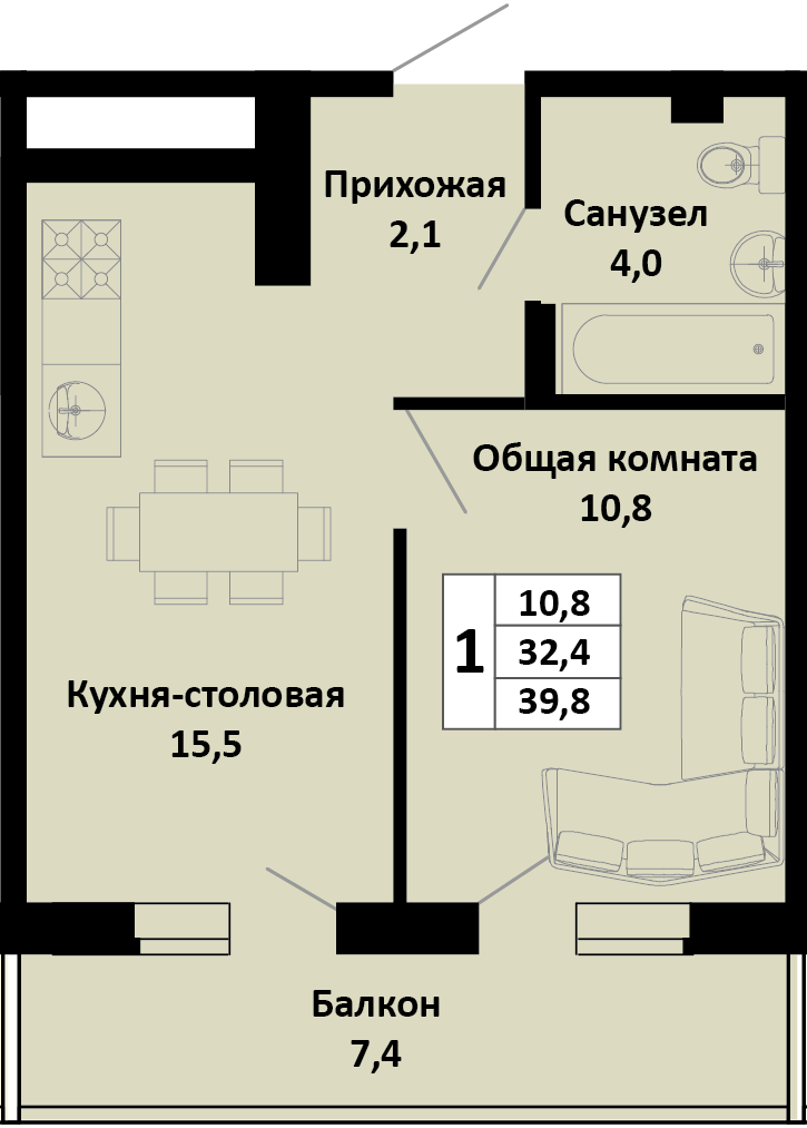 Планировка 1-комн. в ЖК «Южные соседи»