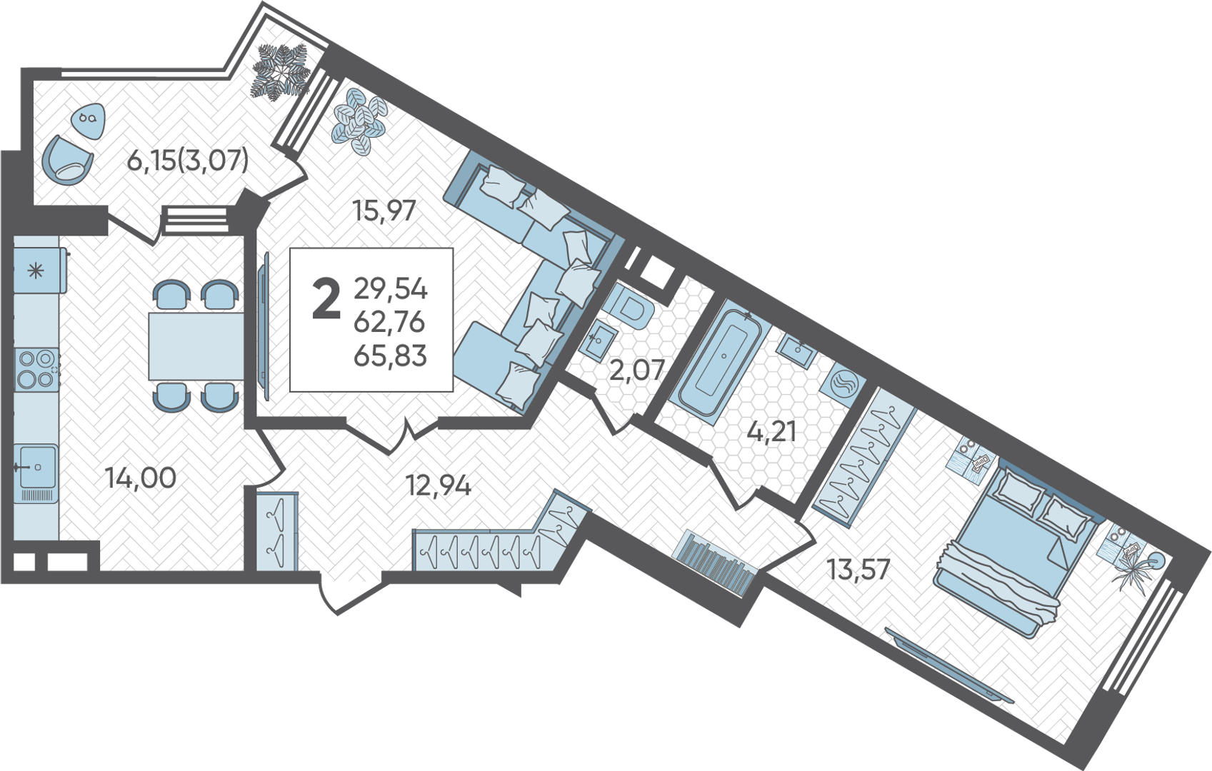 Планировка 2-комн. в ЖК «Аксиома»