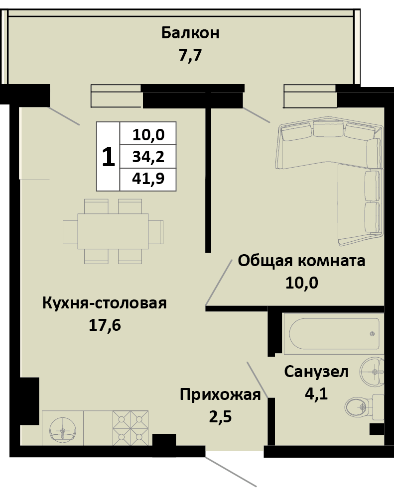 Планировка 1-комн. в ЖК «Южные соседи»