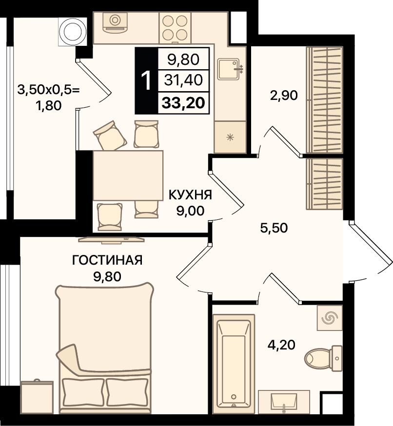 Планировка 1-комн. в ЖК «Движение 61»