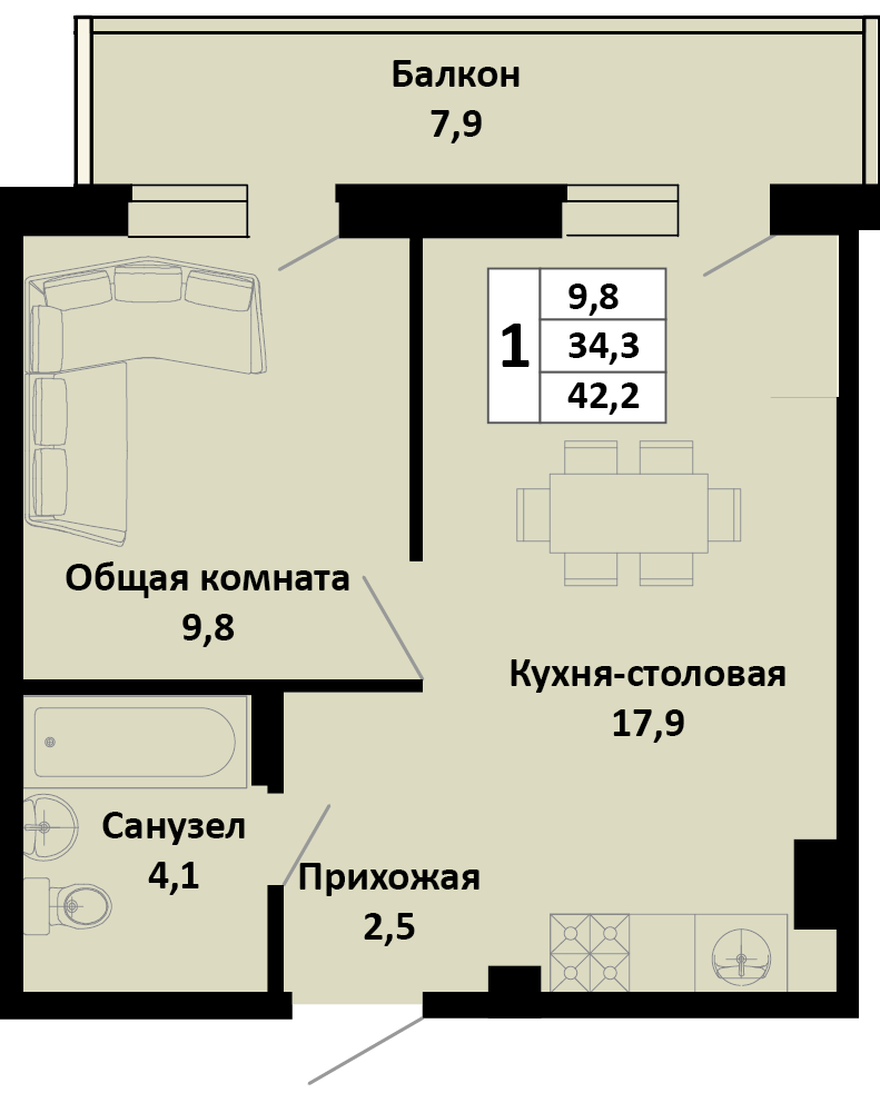 Планировка 1-комн. в ЖК «Южные соседи»