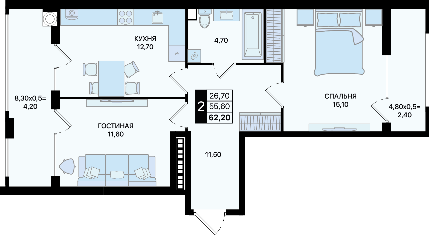 Планировка 2-комн. в ЖК «Движение 61»
