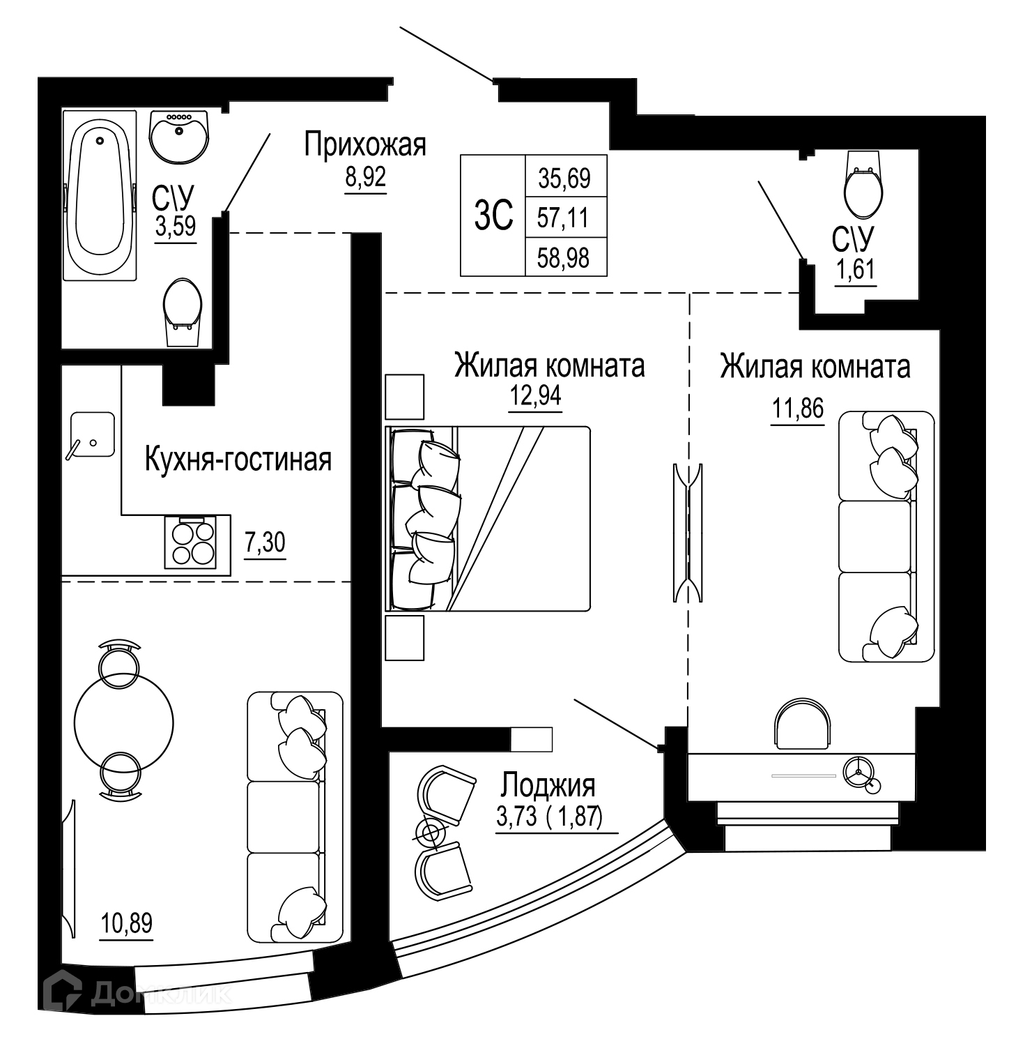 Планировка 3-комн. в ЖК «Донская слобода»
