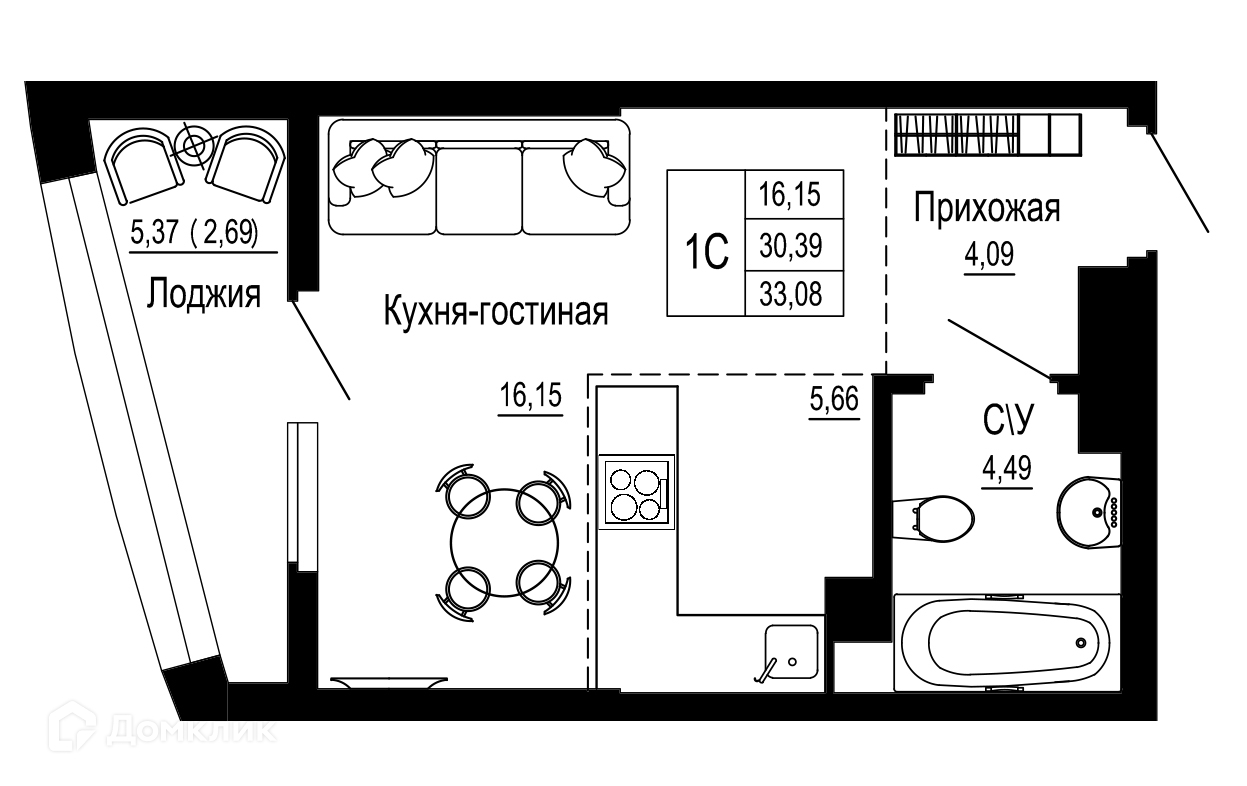 Планировка 1-комн. в ЖК «Донская слобода»