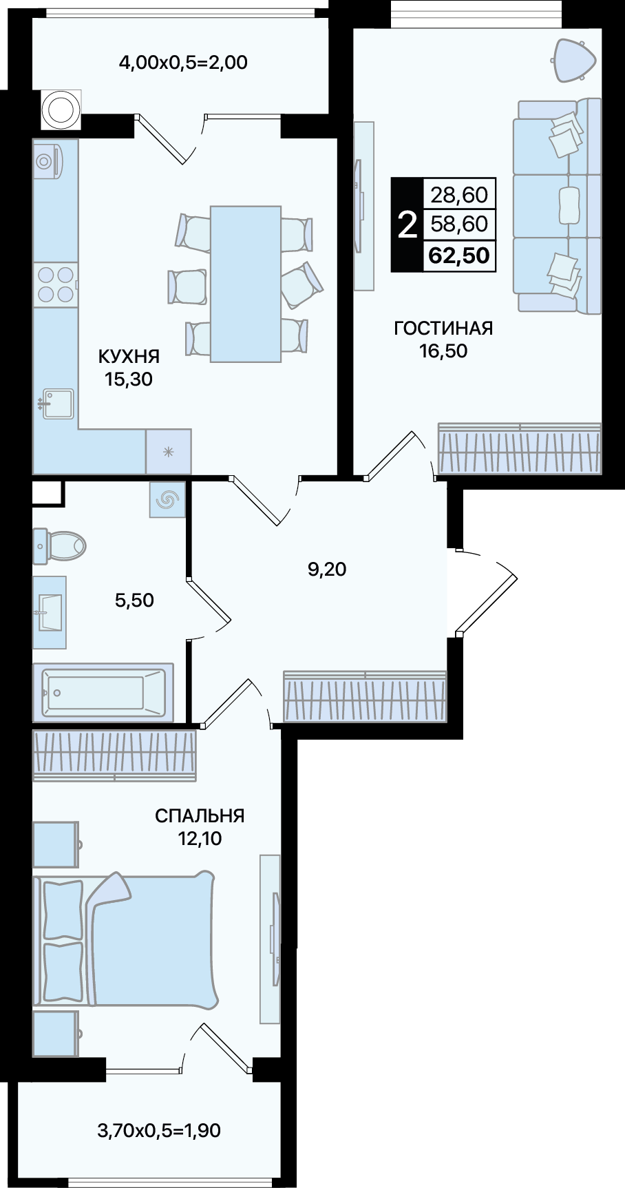 Планировка 2-комн. в ЖК «Движение 61»