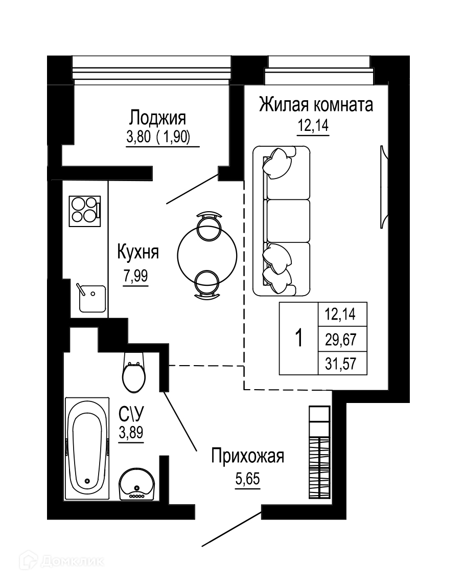 Планировка 1-комн. в ЖК «Донская слобода»