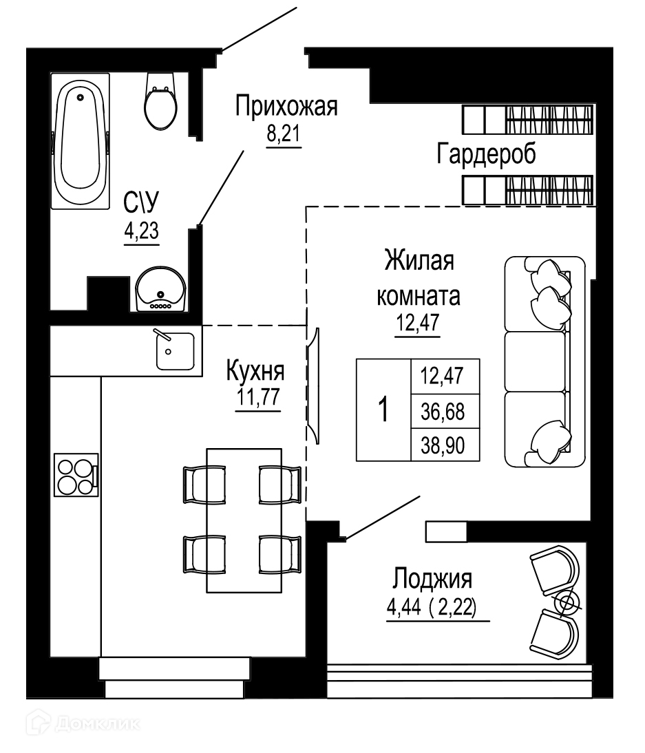 Планировка 1-комн. в ЖК «Донская слобода»