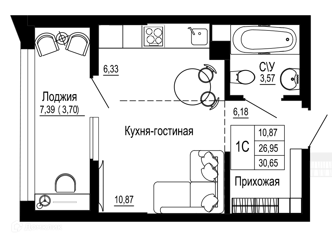 Планировка 1-комн. в ЖК «Донская слобода»