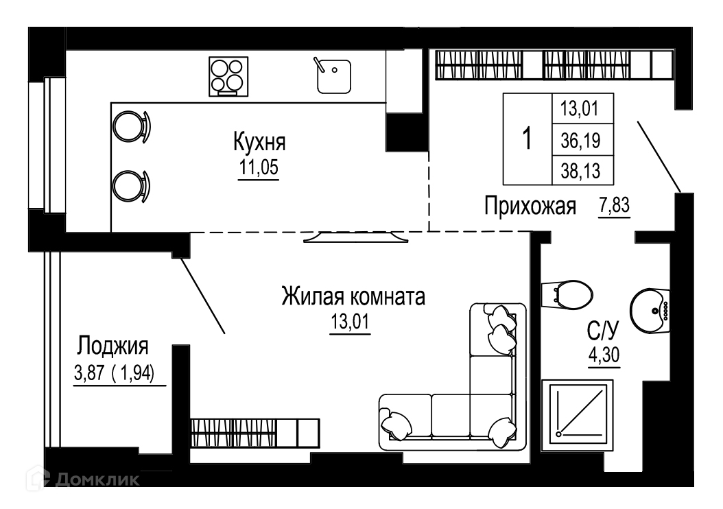 Планировка 1-комн. в ЖК «Донская слобода»