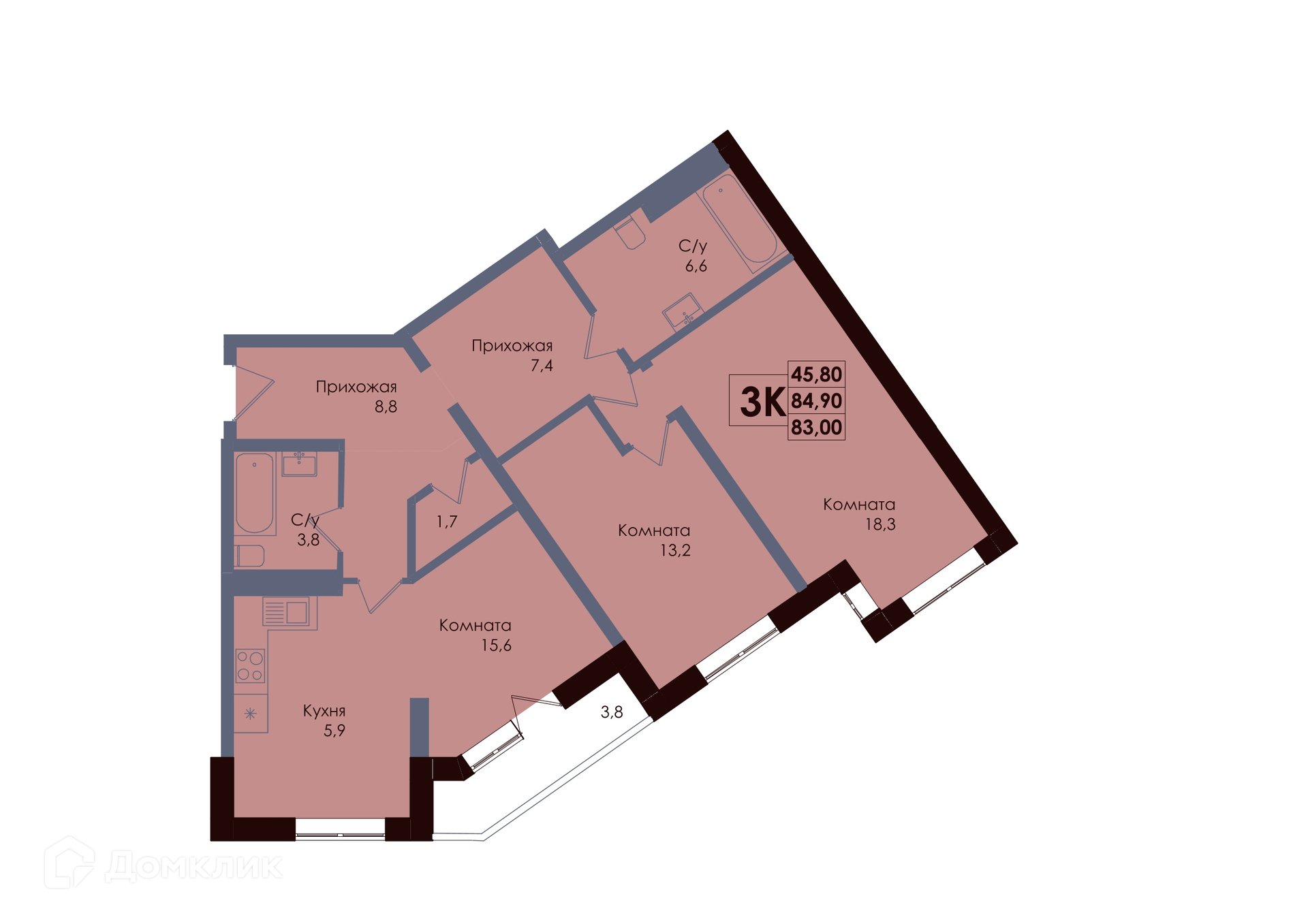 Планировка 3-комн. в ЖК «ACADEMIA»