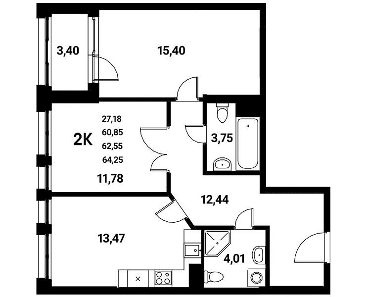 Планировка 2-комн. в ЖК «Z-town»