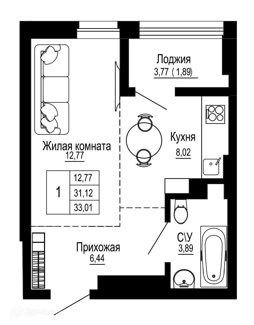 Планировка 1-комн. в ЖК «Донская слобода»