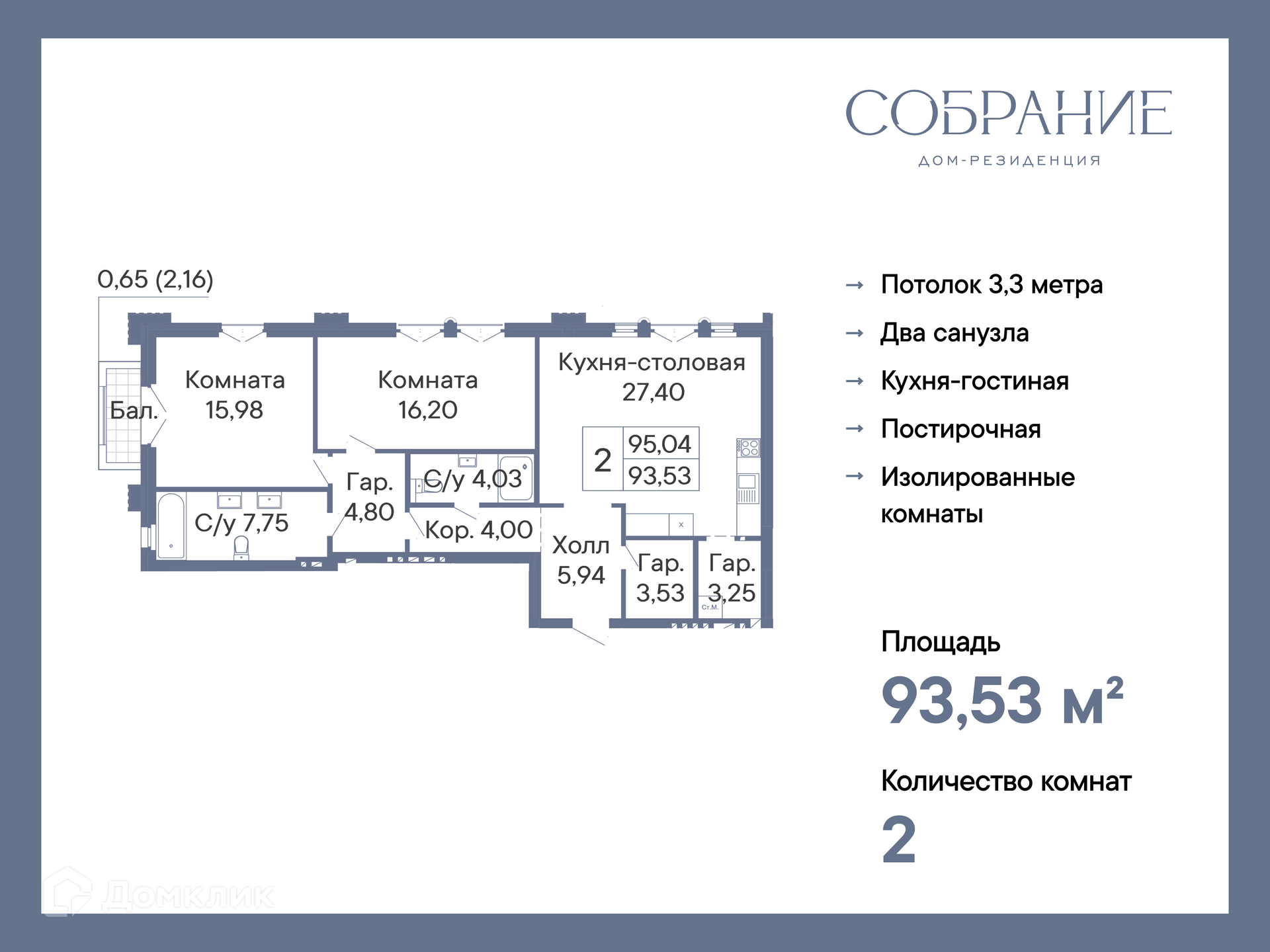 Планировка 2-комн. в ЖК «Собрание»