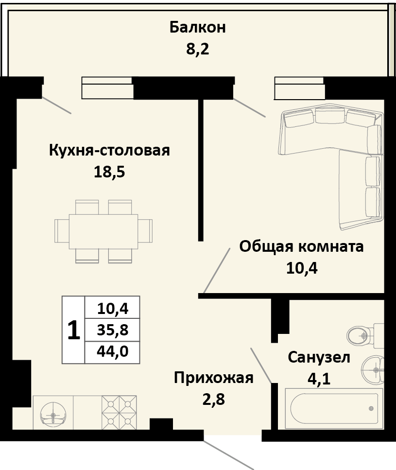Планировка 1-комн. в ЖК «Южные соседи»
