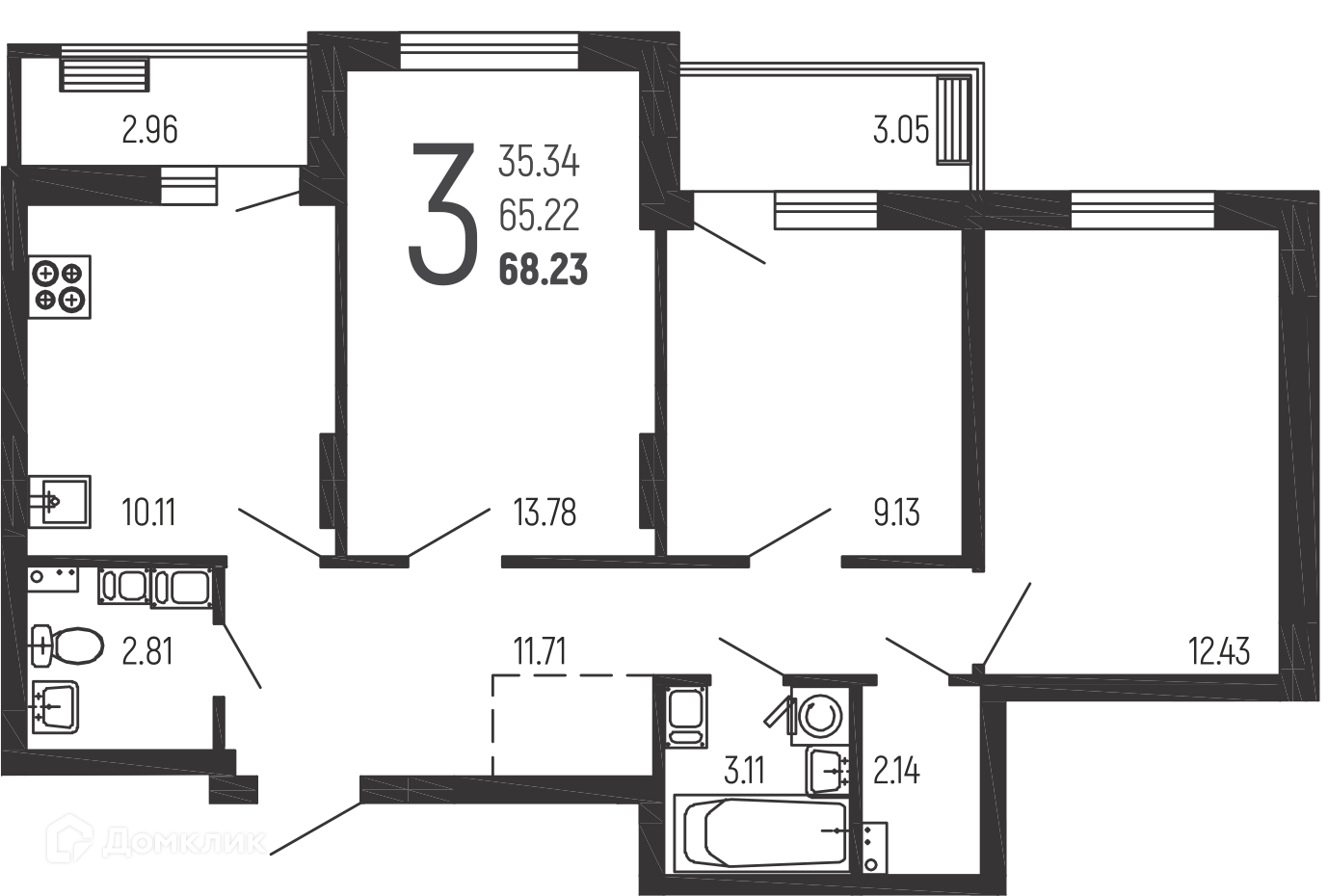 Планировка 3-комн. в ЖК «Нахимовский»