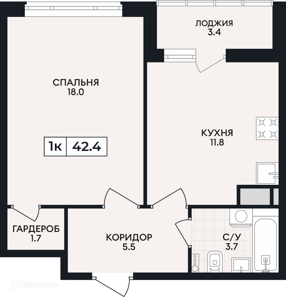 Планировка 1-комн. в ЖК «по проспекту Ленина»