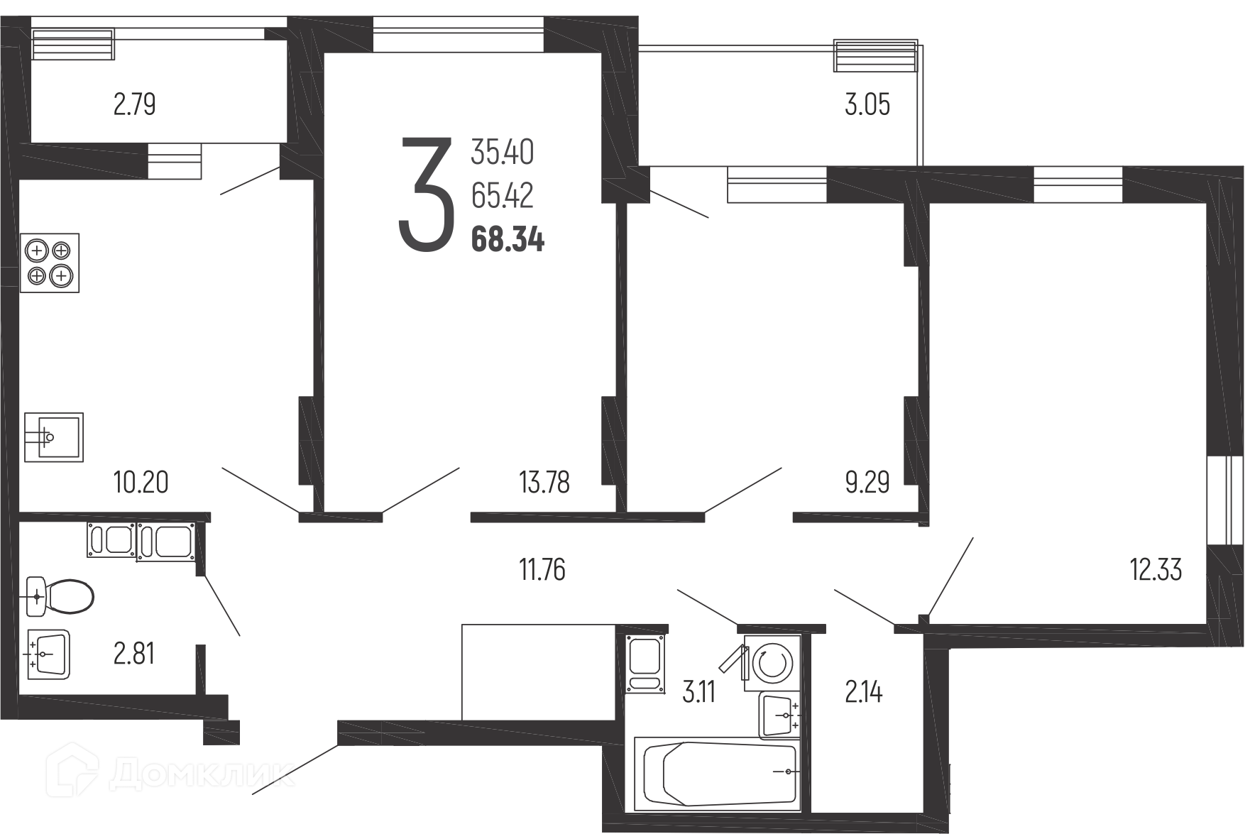Планировка 3-комн. в ЖК «Нахимовский»
