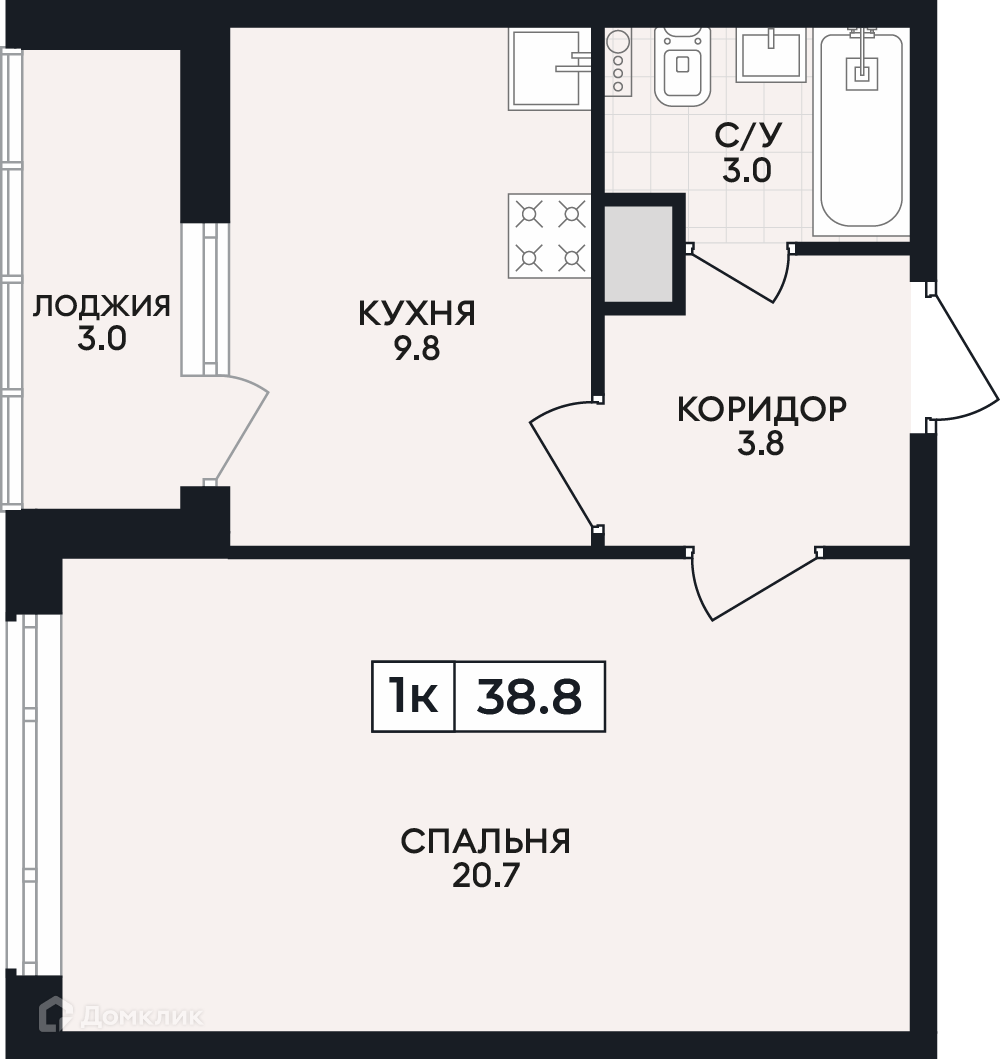 Планировка 1-комн. в ЖК «по проспекту Ленина»