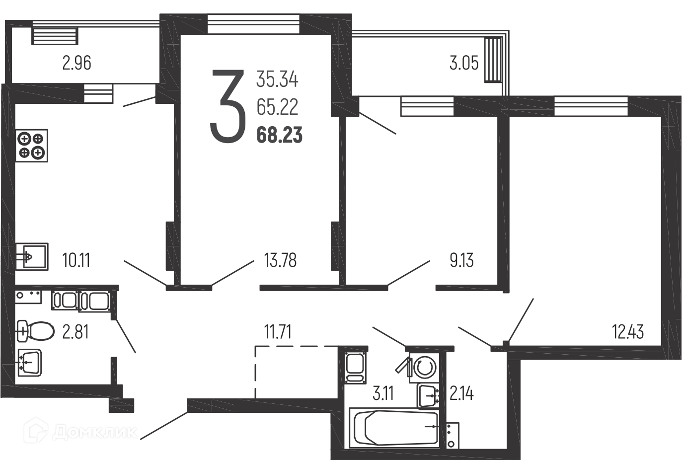 Планировка 3-комн. в ЖК «Нахимовский»