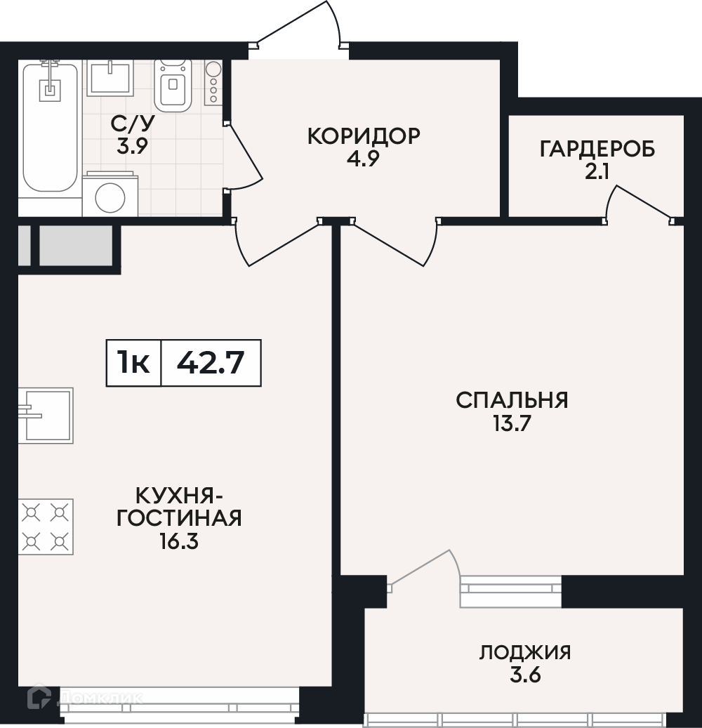 Планировка 1-комн. в ЖК «по проспекту Ленина»