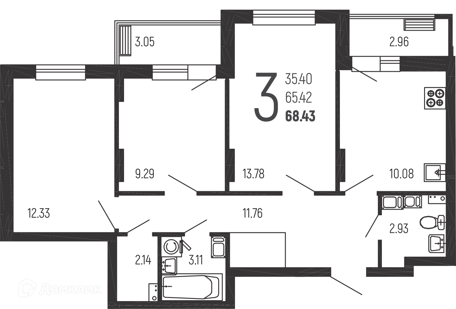 Планировка 3-комн. в ЖК «Нахимовский»