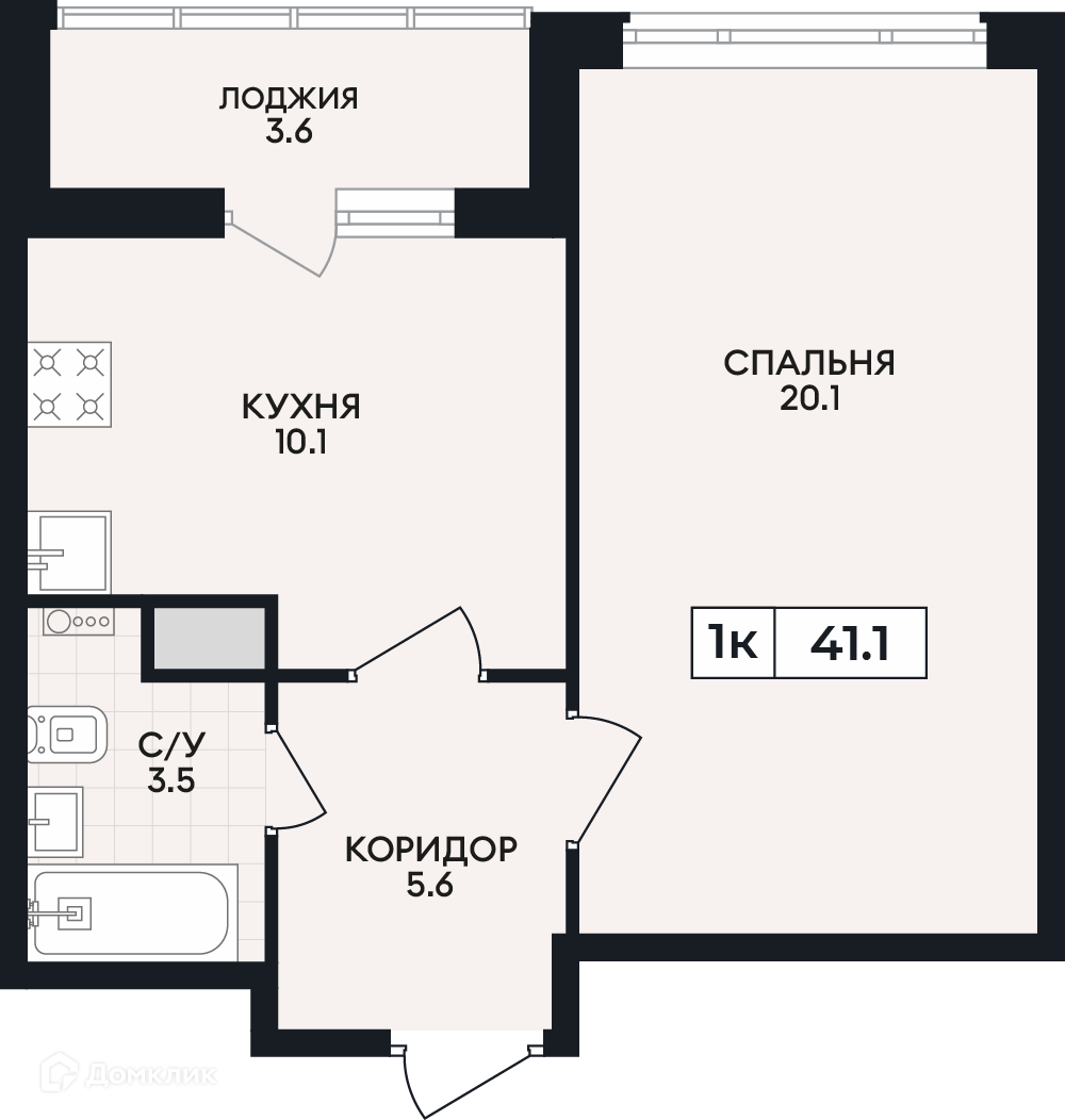 Планировка 1-комн. в ЖК «по проспекту Ленина»
