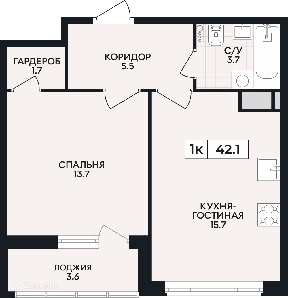 Планировка 1-комн. в ЖК «по проспекту Ленина»