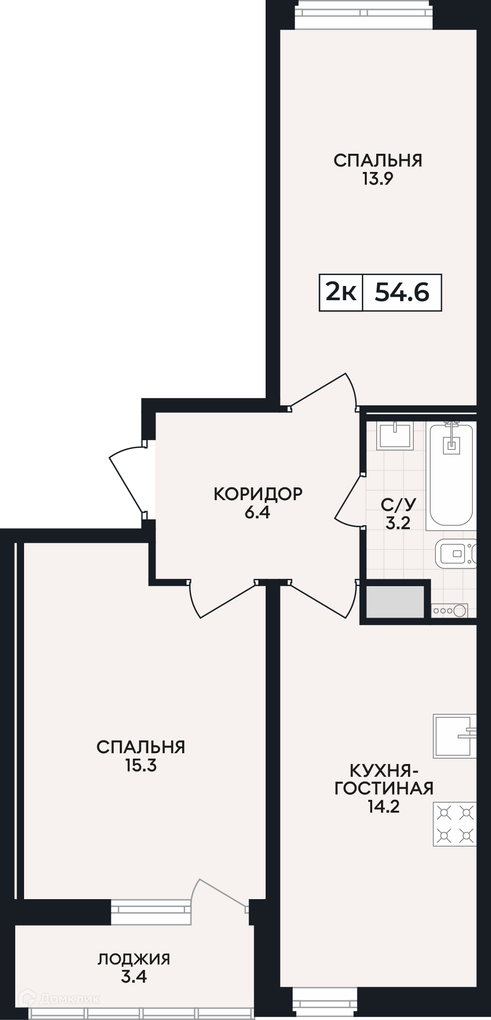Планировка 2-комн. в ЖК «по проспекту Ленина»
