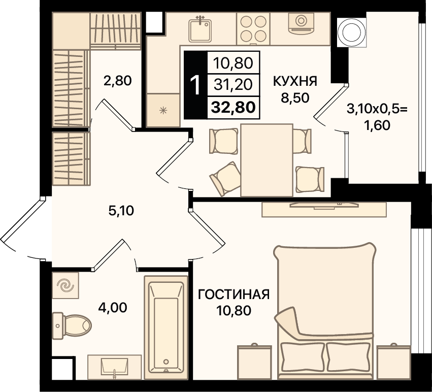 Планировка 1-комн. в ЖК «Движение 61»
