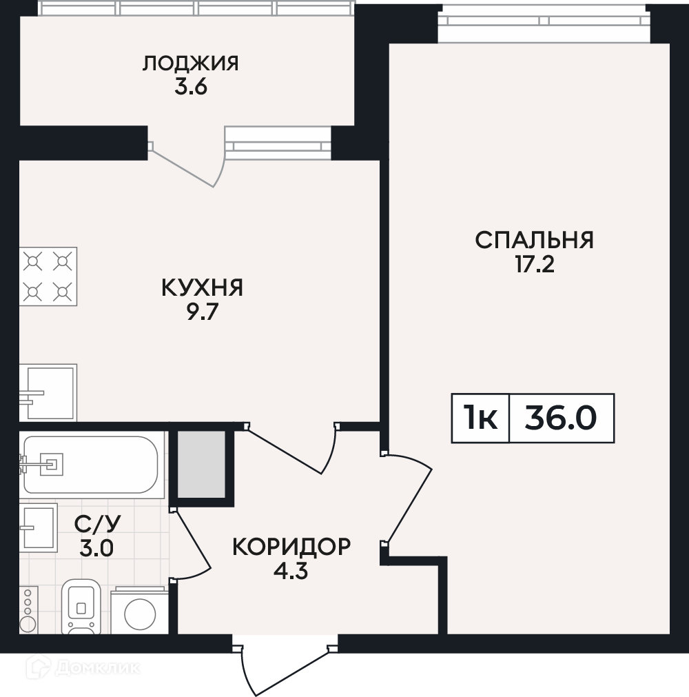Планировка 1-комн. в ЖК «по проспекту Ленина»