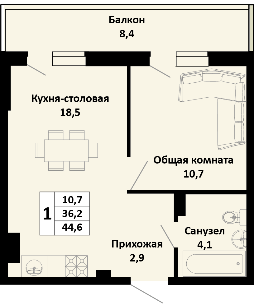 Планировка 1-комн. в ЖК «Южные соседи»