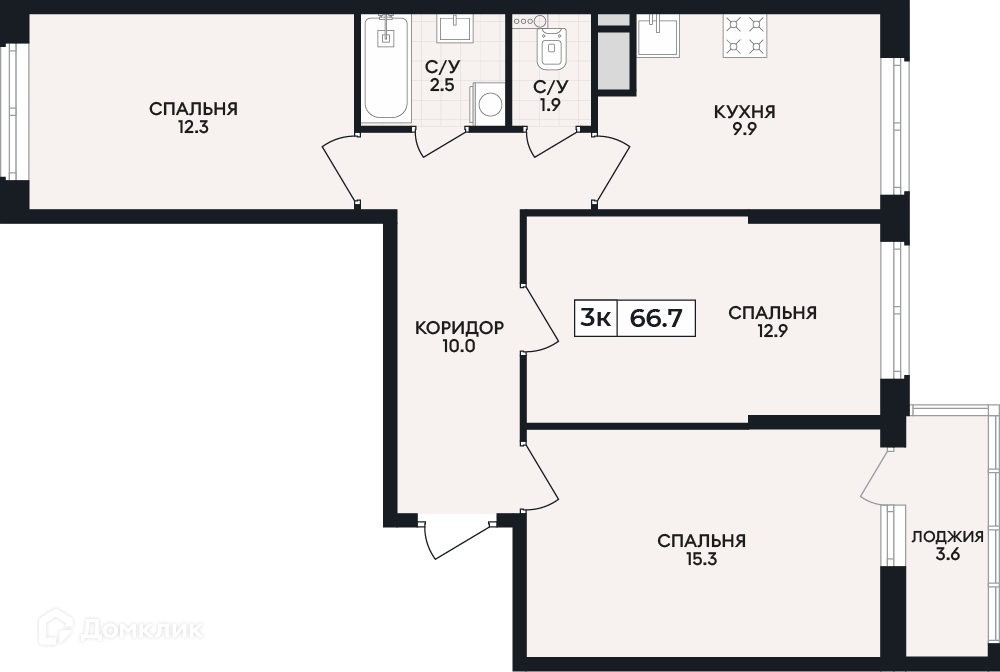 Планировка 3-комн. в ЖК «по проспекту Ленина»