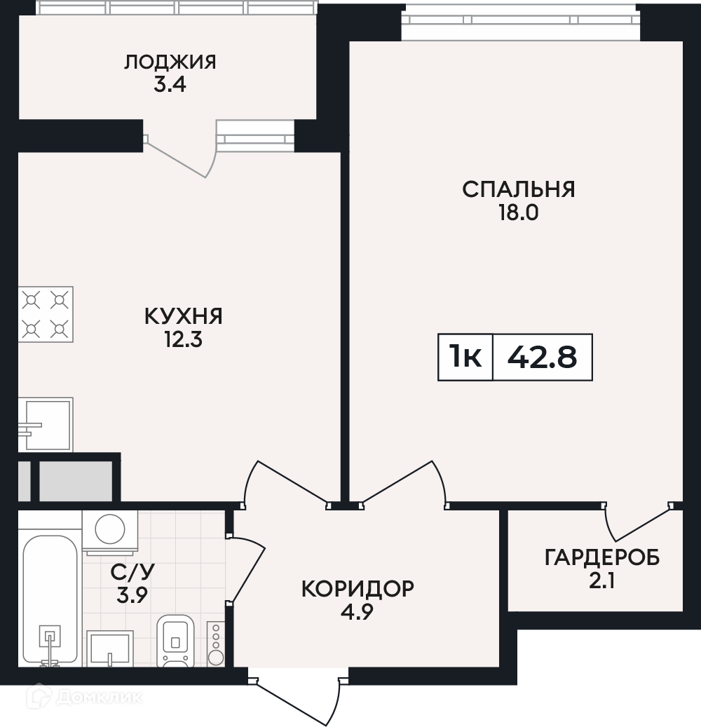Планировка 1-комн. в ЖК «по проспекту Ленина»