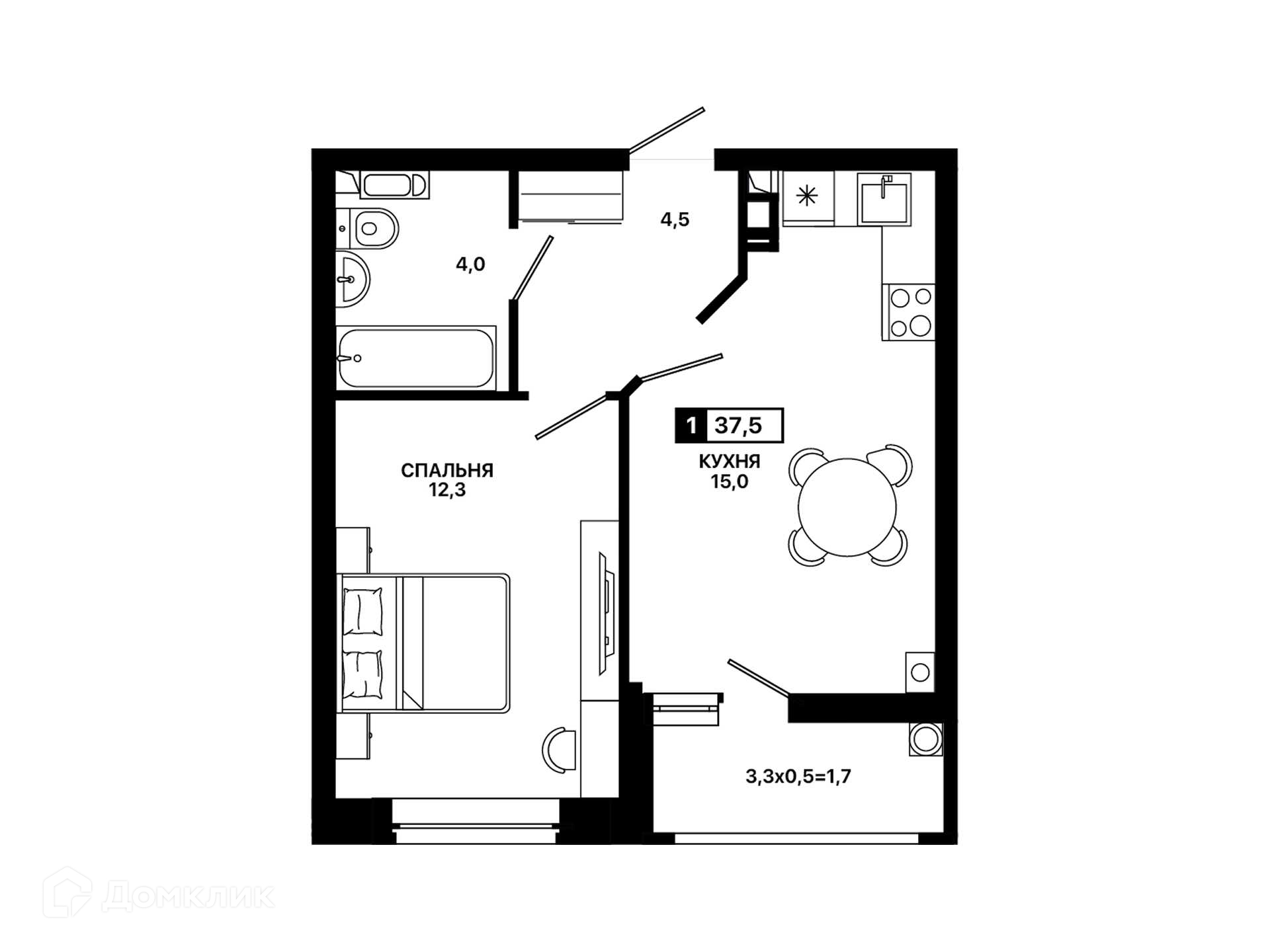 Планировка 1-комн. в ЖК «Резиденция. Концепт»