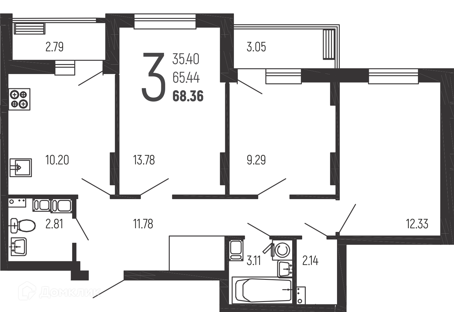 Планировка 3-комн. в ЖК «Нахимовский»
