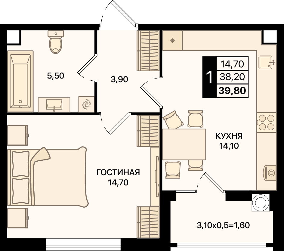 Планировка 1-комн. в ЖК «Движение 61»
