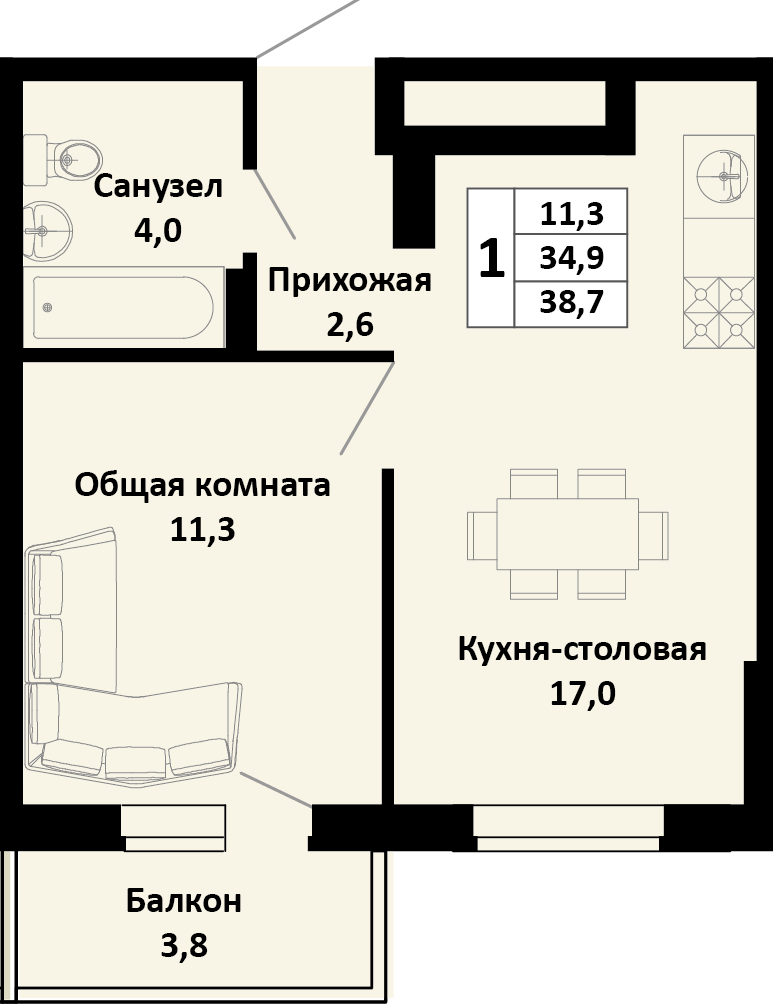 Планировка 1-комн. в ЖК «Южные соседи»