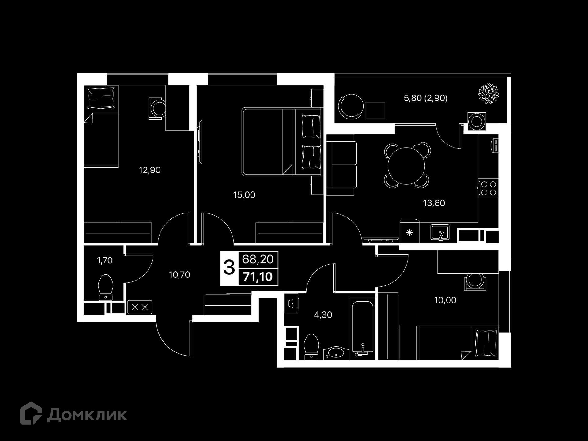 Планировка 3-комн. в ЖК «Эстет»