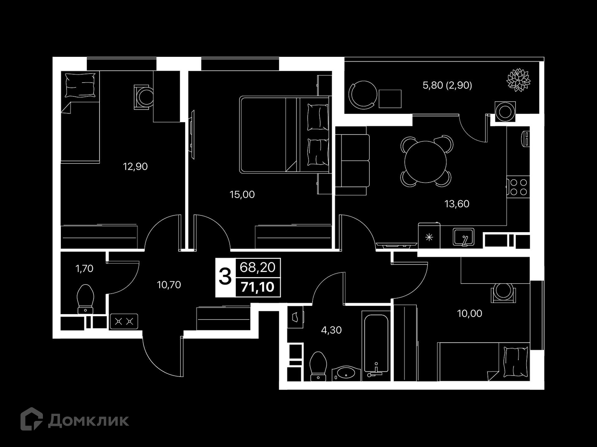 Планировка 3-комн. в ЖК «Эстет»