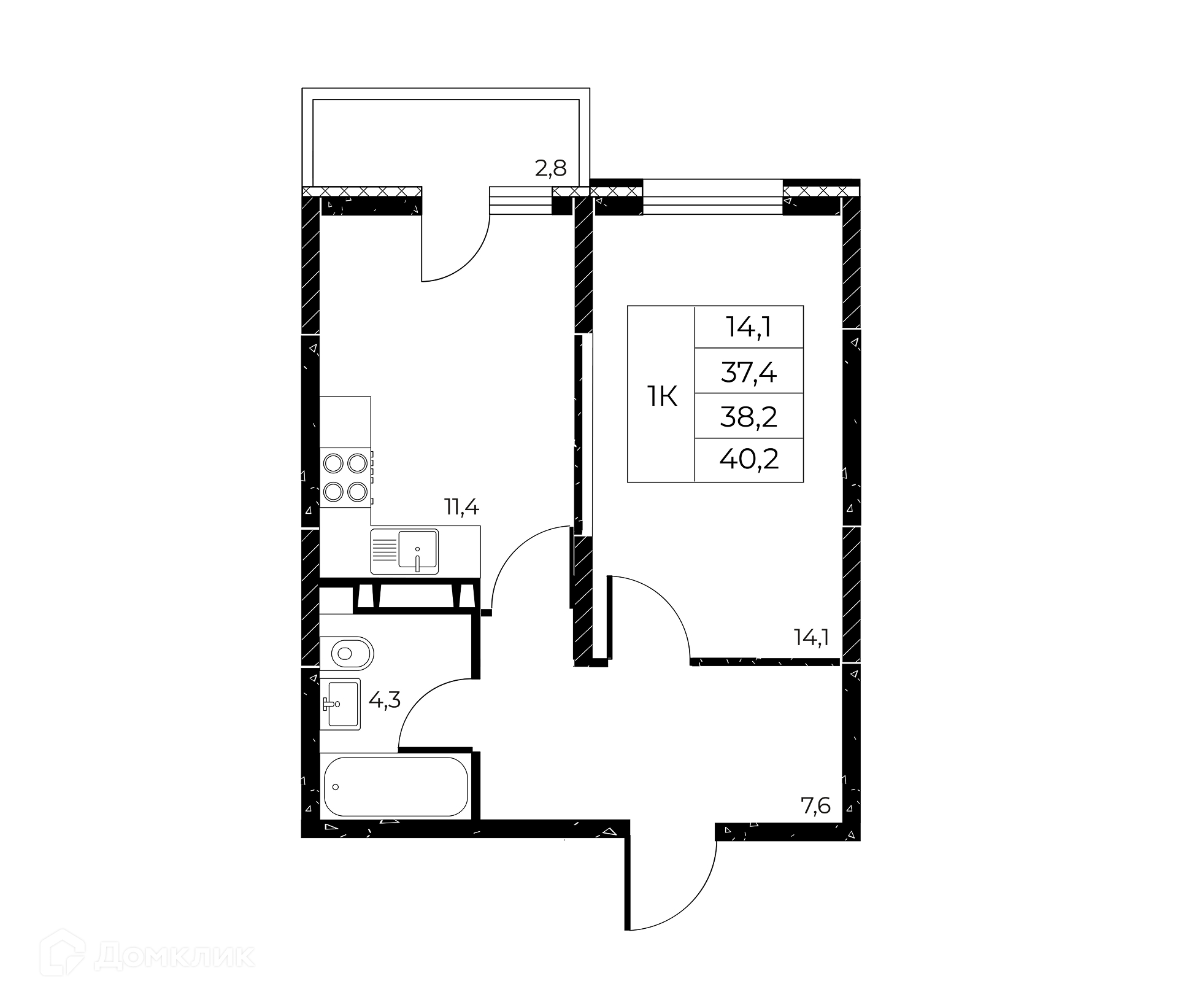 Планировка 1-комн. в ЖК «Панорама на Театральном»