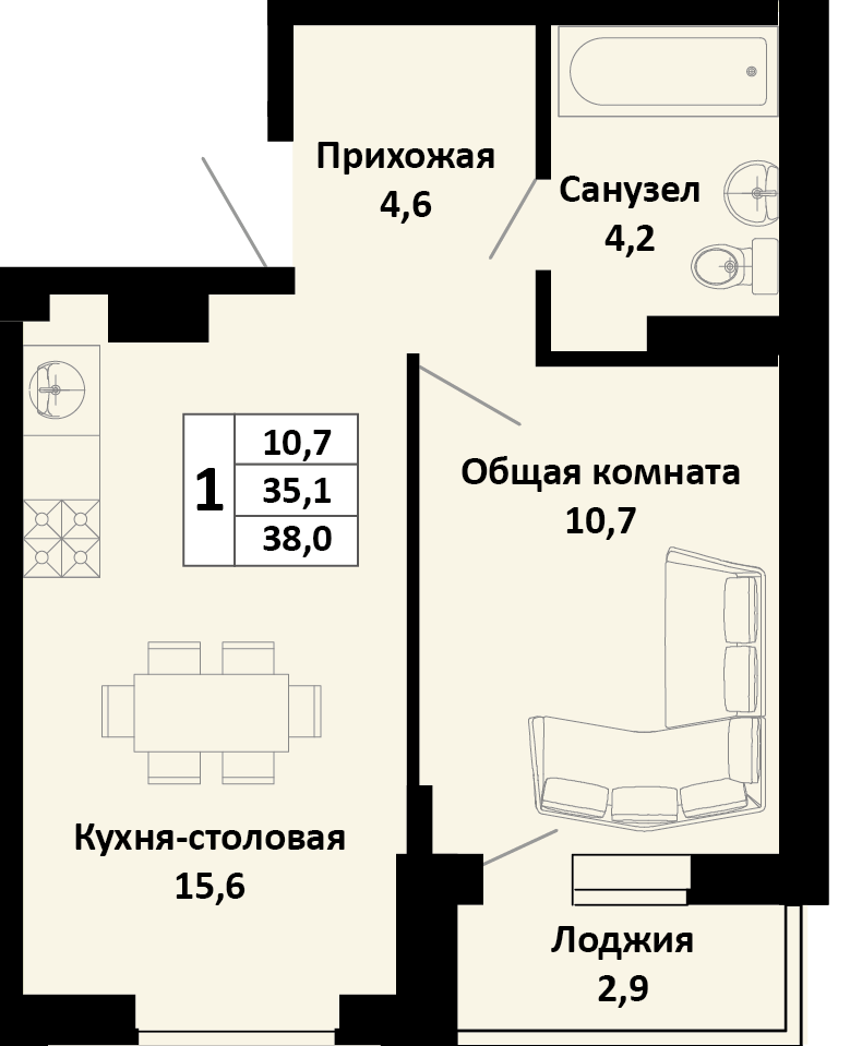 Планировка 1-комн. в ЖК «Южные соседи»
