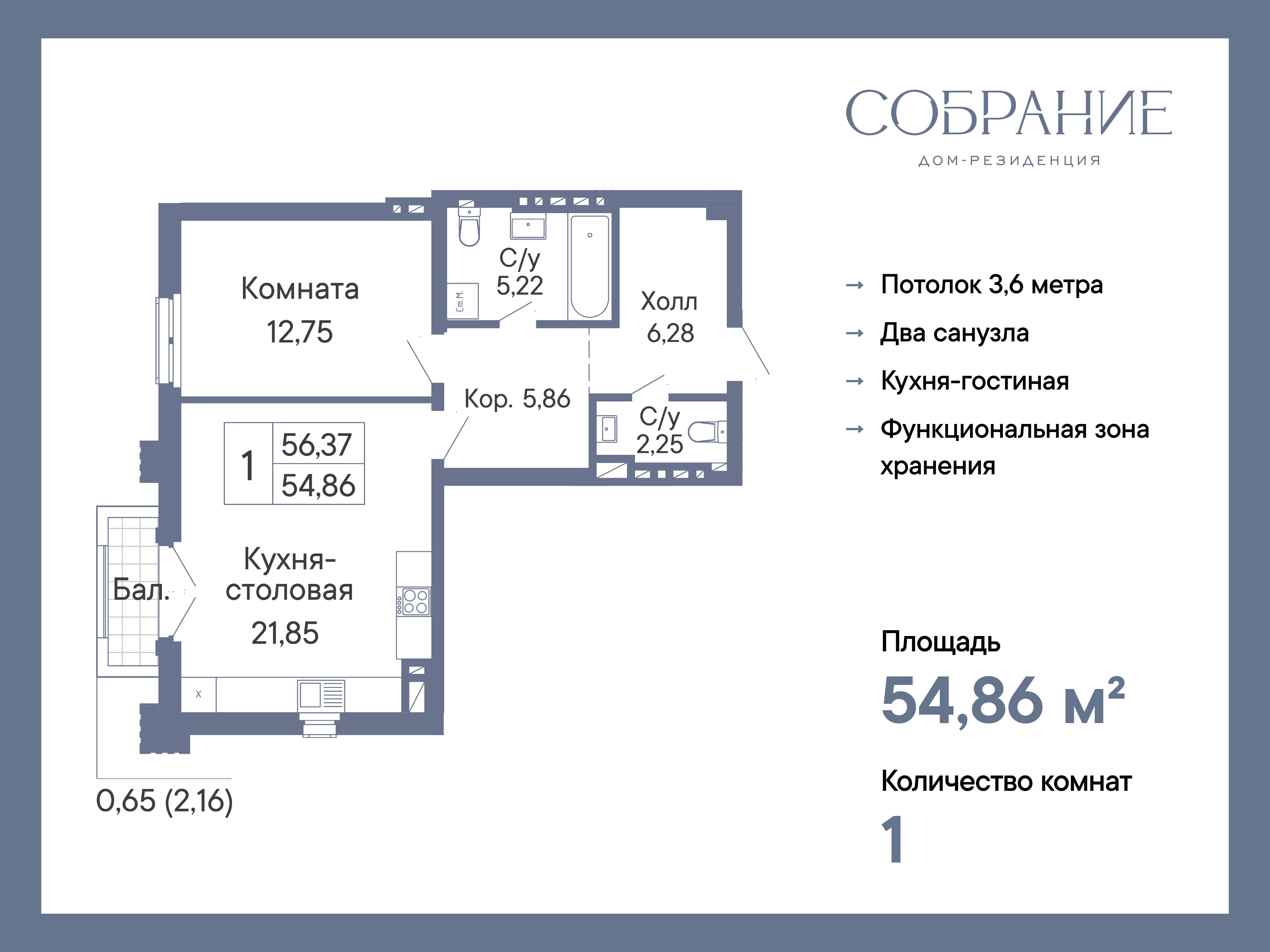 Планировка 2-евро в ЖК «Собрание»