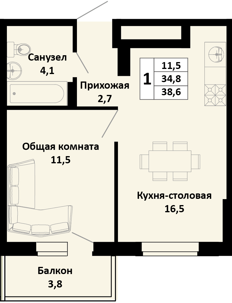 Планировка 1-комн. в ЖК «Южные соседи»