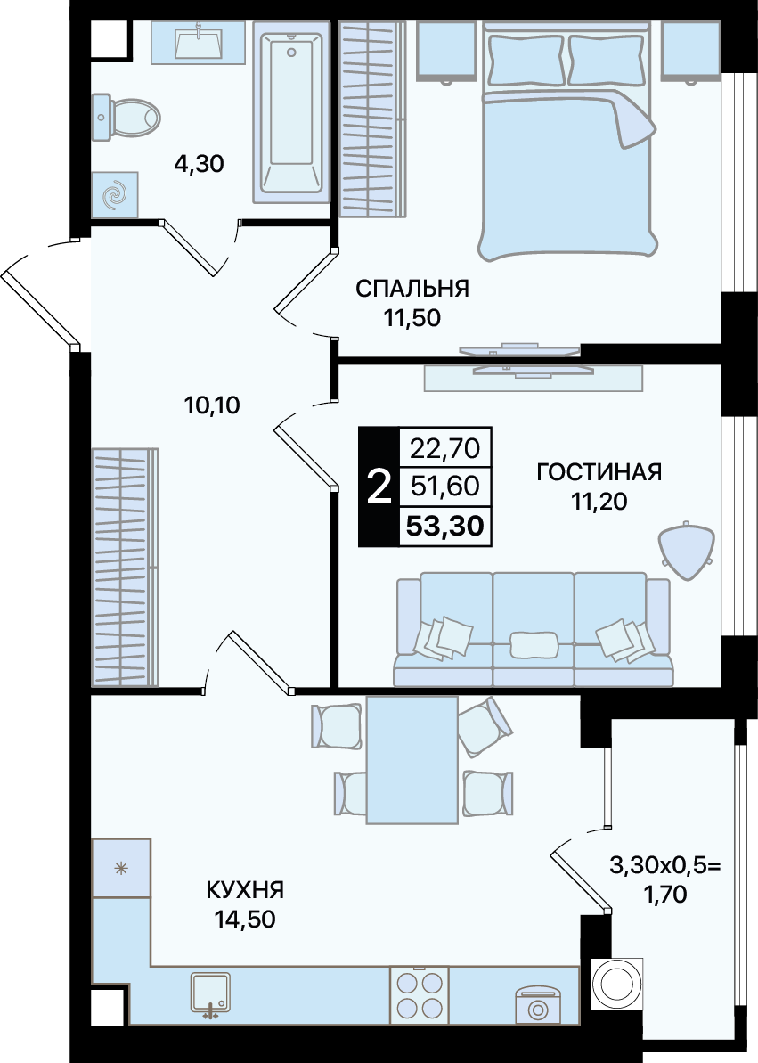 Планировка 2-комн. в ЖК «Движение 61»