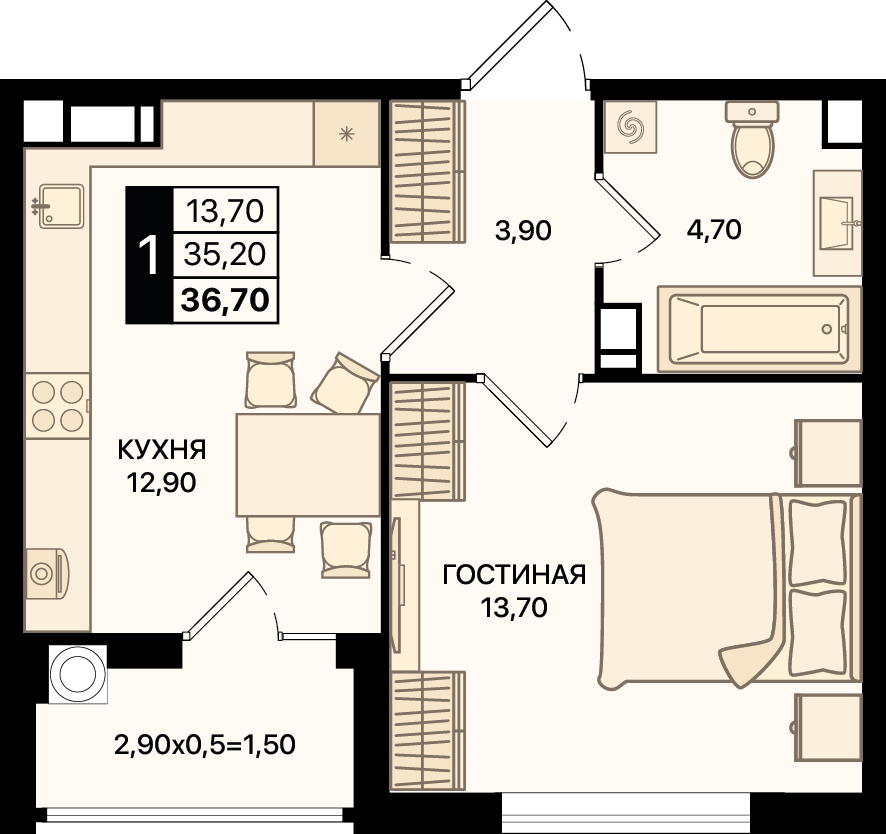 Планировка 1-комн. в ЖК «Движение 61»