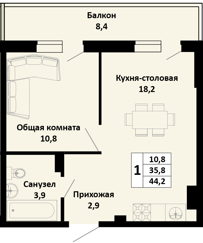 Планировка 1-комн. в ЖК «Южные соседи»