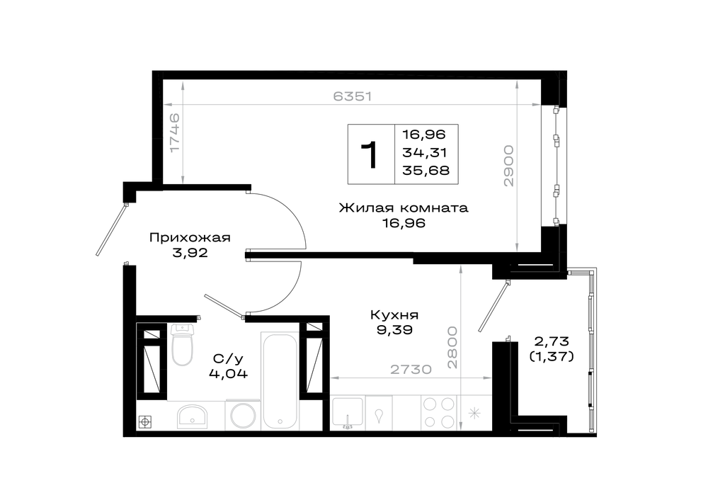 Планировка 1-комн. в ЖК «Октябрь Парк»