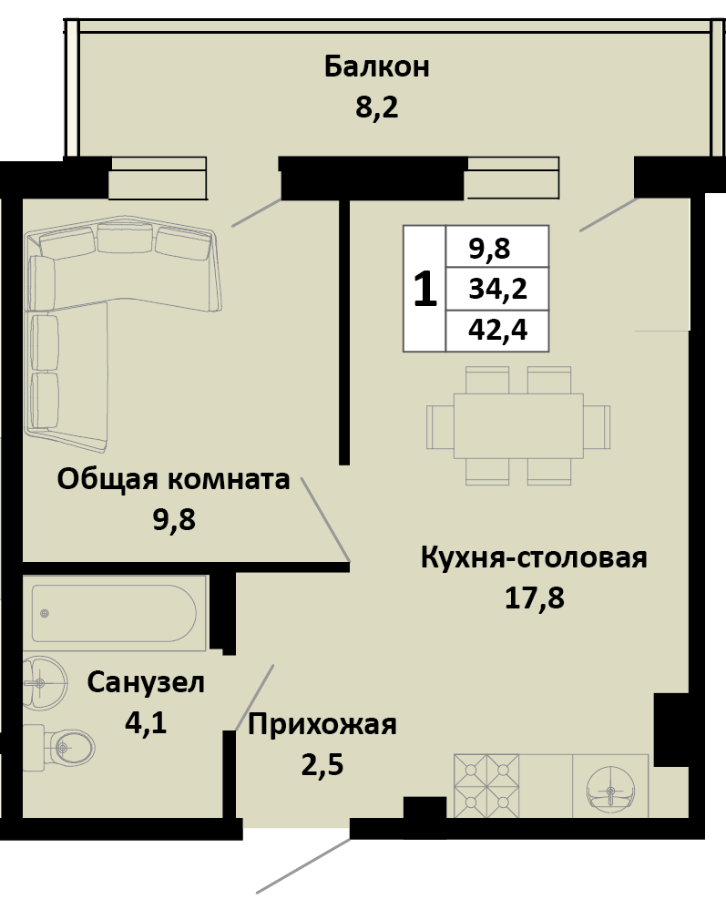 Планировка 1-комн. в ЖК «Южные соседи»